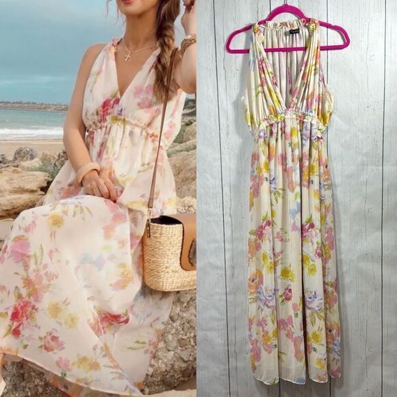 Zara Dresses & Skirts - Zara V Neck Halter Floral Print Sleeveless Bloggers Favorite Long Maxi Dress